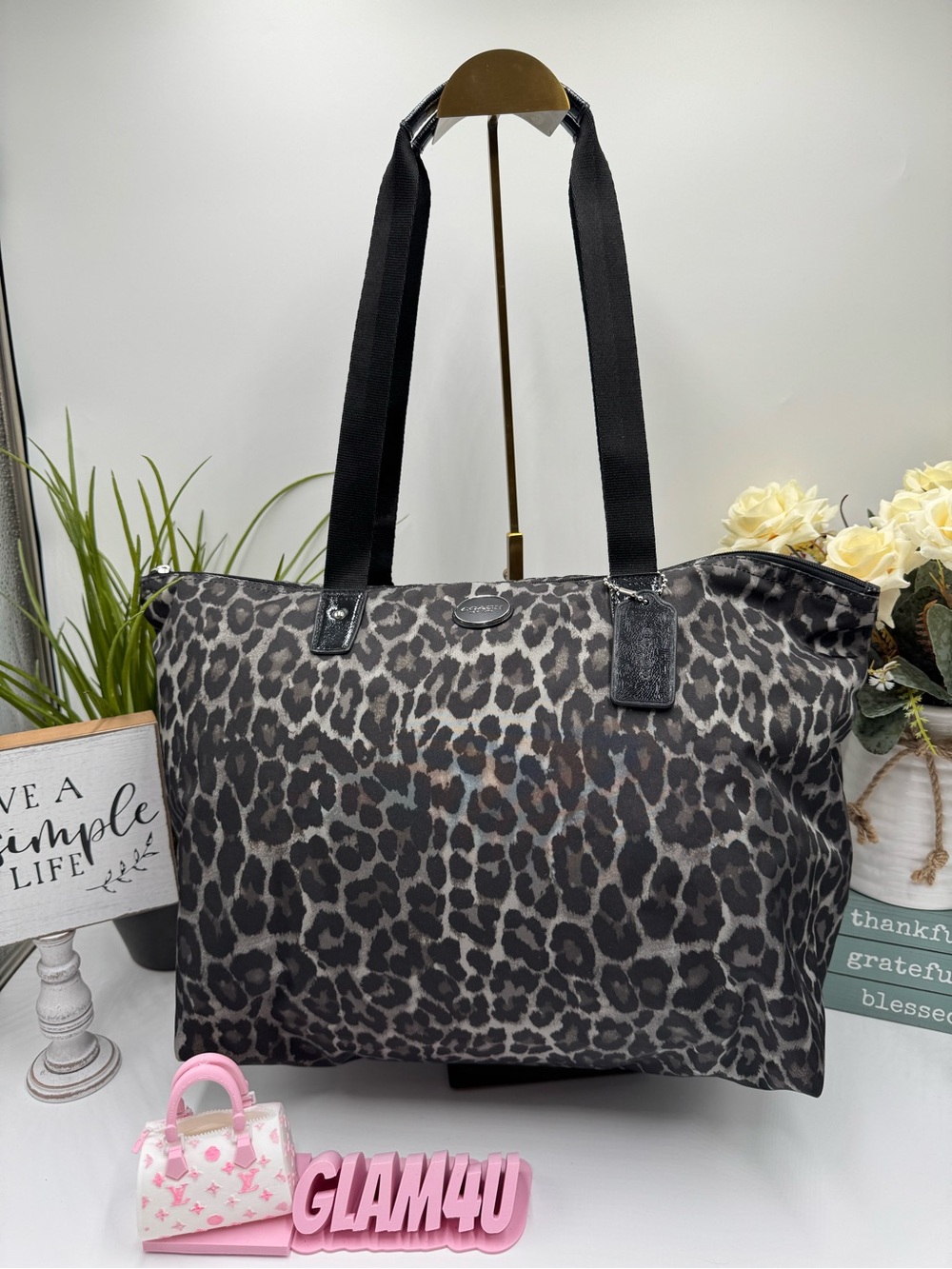 COACH Leopard Nylon Packable Weekender Travel Tote Bag Gray Black F33287